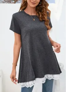 Modlily Dark Grey Lace Short Sleeve T Shirt - M