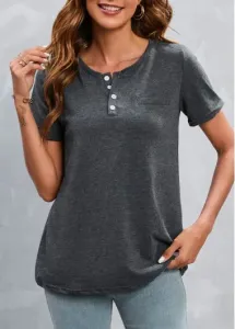 Modlily Dark Grey Marl Button Short Sleeve T Shirt - 2XL