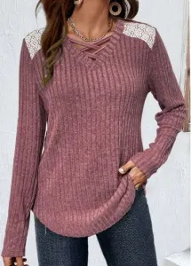 Modlily Dark Reddish Purple Lace Long Sleeve T Shirt - XXL