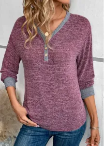 Modlily Dark Reddish Purple Patchwork Long Sleeve T Shirt - M #1186053