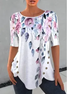Modlily Decorative Button Floral Print Petal Hem T Shirt - L
