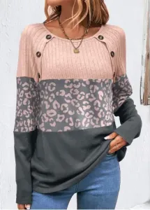 Modlily Decorative Button Light Pink Leopard Long Sleeve T Shirt - XXL