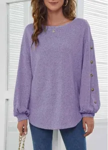 Modlily Decorative Button Long Sleeve Purple T Shirt - 2XL