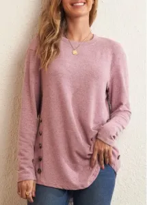 Modlily Decorative Button Pink Long Sleeve Round Neck T Shirt - L