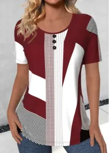 Modlily Deep Red Button Geometric Print Short Sleeve T Shirt - XL