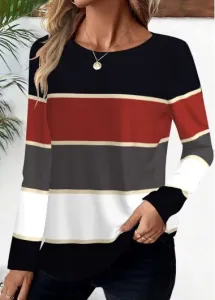Modlily Deep Red Striped Long Sleeve Round Neck T Shirt - XXL