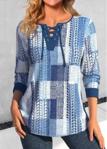 Modlily Denim Blue Lace Up Geometric Print T Shirt - XL
