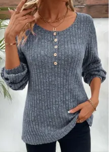 Modlily Dusty Blue Button Long Sleeve Round Neck T Shirt - XL #1183359