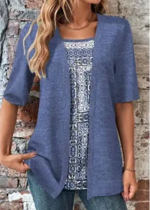Modlily Dusty Blue Fake 2in1 Tribal Print T Shirt - S