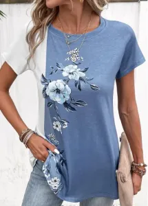 Modlily Dusty Blue Patchwork Floral Print T Shirt - 4XL