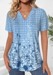 Modlily Dusty Blue Tuck Stitch Floral Print T Shirt - XXL