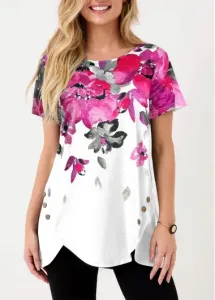 Modlily Floral Print Hot Drilling White T Shirt - M