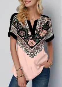 Modlily Floral Print Split Neck Light Pink T Shirt - XL