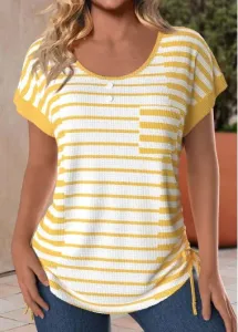 Modlily Gold Pocket Striped Short Sleeve Round Neck T Shirt - XXL