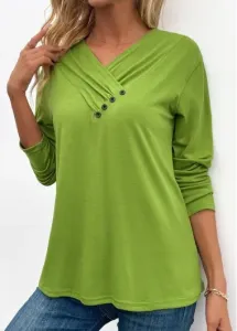 Modlily Grass Green Button Long Sleeve V Neck T Shirt - 3XL