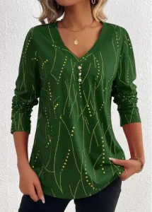 Modlily Green Button Geometric Print Long Sleeve T Shirt - S