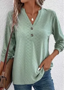Modlily Green Button Long Sleeve Split Neck T Shirt - L