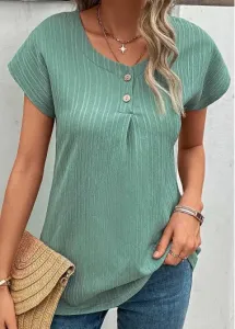 Modlily Green Button Short Sleeve Round Neck T Shirt - M #951585