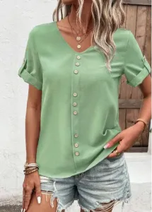 Modlily Green Button Short Sleeve V Neck T Shirt - XXL