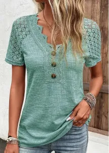 Modlily Green Lace Short Sleeve V Neck T Shirt - XXL