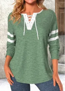 Modlily Green Lace Up Long Sleeve T Shirt - L