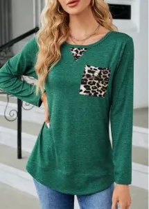Modlily Green Patchwork Leopard Long Sleeve Round Neck T Shirt - L