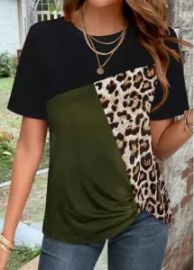 Modlily Green Patchwork Leopard Short Sleeve T Shirt - M