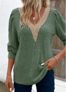 Modlily Green Patchwork Long Sleeve V Neck T Shirt - 2XL #1182460