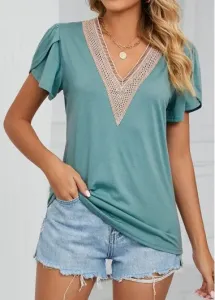 Modlily Green Patchwork Short Sleeve V Neck T Shirt - 2XL #877679