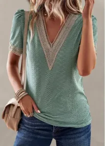 Modlily Green Patchwork Short Sleeve V Neck T Shirt - L #924465