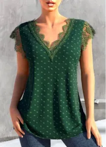Modlily Green Patchwork Short Sleeve V Neck T Shirt - M #933142