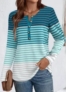 Modlily Green Patchwork Striped Long Sleeve Split Neck T Shirt - L
