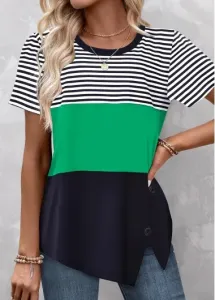 Modlily Green Patchwork Striped Short Sleeve T Shirt - L
