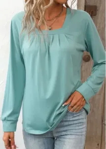 Modlily Green Ruched Long Sleeve Square Neck T Shirt - L