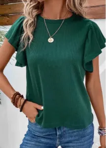 Modlily Green Ruffle Short Sleeve Round Neck T Shirt - 3XL