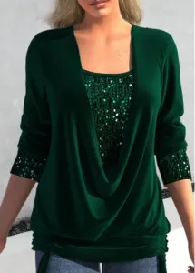 Modlily Green Sequin Long Sleeve Square Neck T Shirt - L