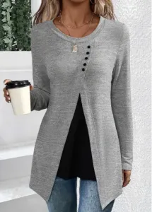 Modlily Grey Asymmetry Long Sleeve Round Neck T Shirt - S