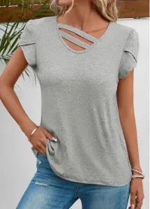 Modlily Grey Asymmetry Short Sleeve V Neck T Shirt - 2XL