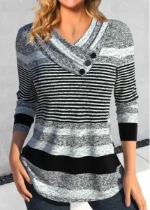 Modlily Grey Asymmetry Striped Long Sleeve T Shirt - S