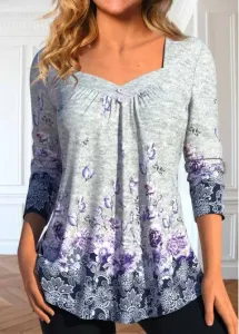 Modlily Grey Button Floral Print Long Sleeve T Shirt - L