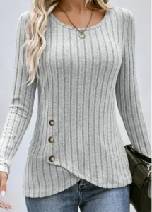 Modlily Grey Button Long Sleeve Round Neck T Shirt - XL