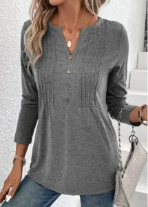 Modlily Grey Button Long Sleeve Split Neck T Shirt - 2XL