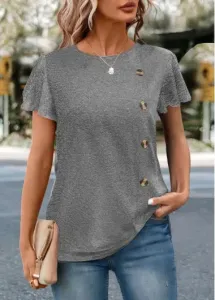 Modlily Grey Button Short Sleeve Round Neck T Shirt - XL