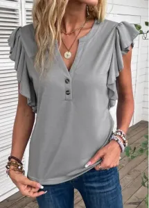Modlily Grey Button Short Sleeve Split Neck T Shirt - L