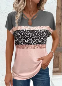 Modlily Grey Cut Out Leopard Short Sleeve T Shirt - XL