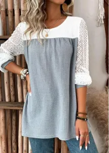 Modlily Grey Lace Long Sleeve Round Neck T Shirt - L