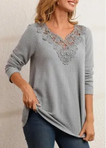Modlily Grey Lace Patchwork Long Sleeve T Shirt - S