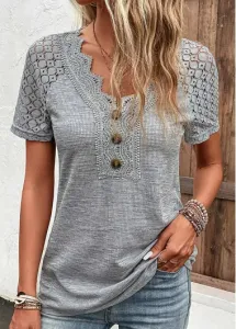 Modlily Grey Lace Short Sleeve V Neck T Shirt - L #940149