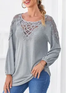 Modlily Grey Marl Long Sleeve Lace Panel T Shirt - S