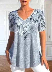 Modlily Grey Patchwork Floral Print Short Sleeve T Shirt - XXL
